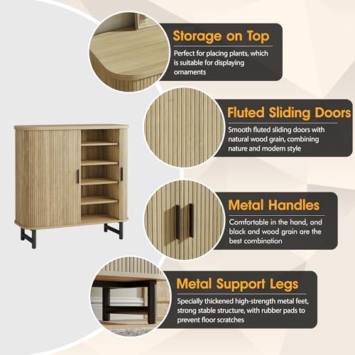 Maupvit Shoe Storage Cabinet with Smooth Fluted Sliding Doors, 5-Tier Shoe Cabinet Storage for Entryway, Narrow Hidden Shoe Rack for Front Door Entrance, Metal Handles and Legs, Natural Maupvit