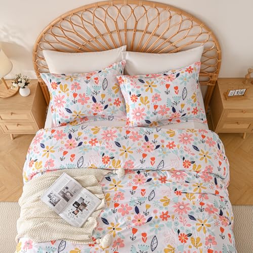 Yibeizi Floral Comforter Set for Girls Twin, Kids Cute Printed Bedding Set with Pillow Sham, Lightweight Soft Breathable Machine Washable Quilted Bed Comforter Set 2 Piece Yibeizi