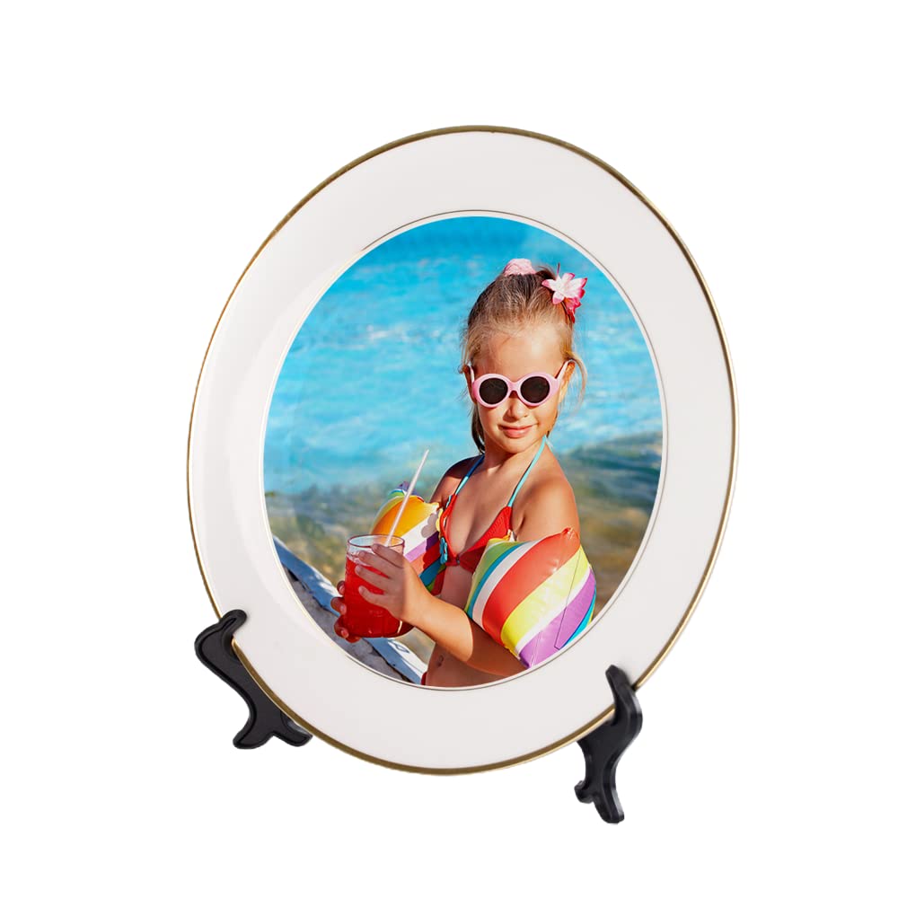 MR.R Set of 2 Sublimation Blanks White Ceramic Gold Rim Plate with Stand,Porcelain Plates, 10 inch Round Dessert or Salad Plate, Lead-Free, Safe in Microwave, Oven, and Freezer MR.R