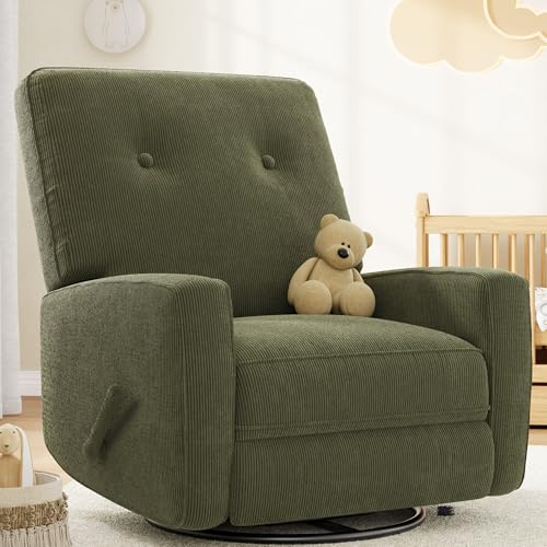 IDEALHOUSE Recliner Chair, 360° Swivel Rocking Glider Chair for Adults with Adjustable Backrest & Footrest, Cozy Corduroy Upholstered Armchair for Living Rooms, Bedrooms, Apartments, Green