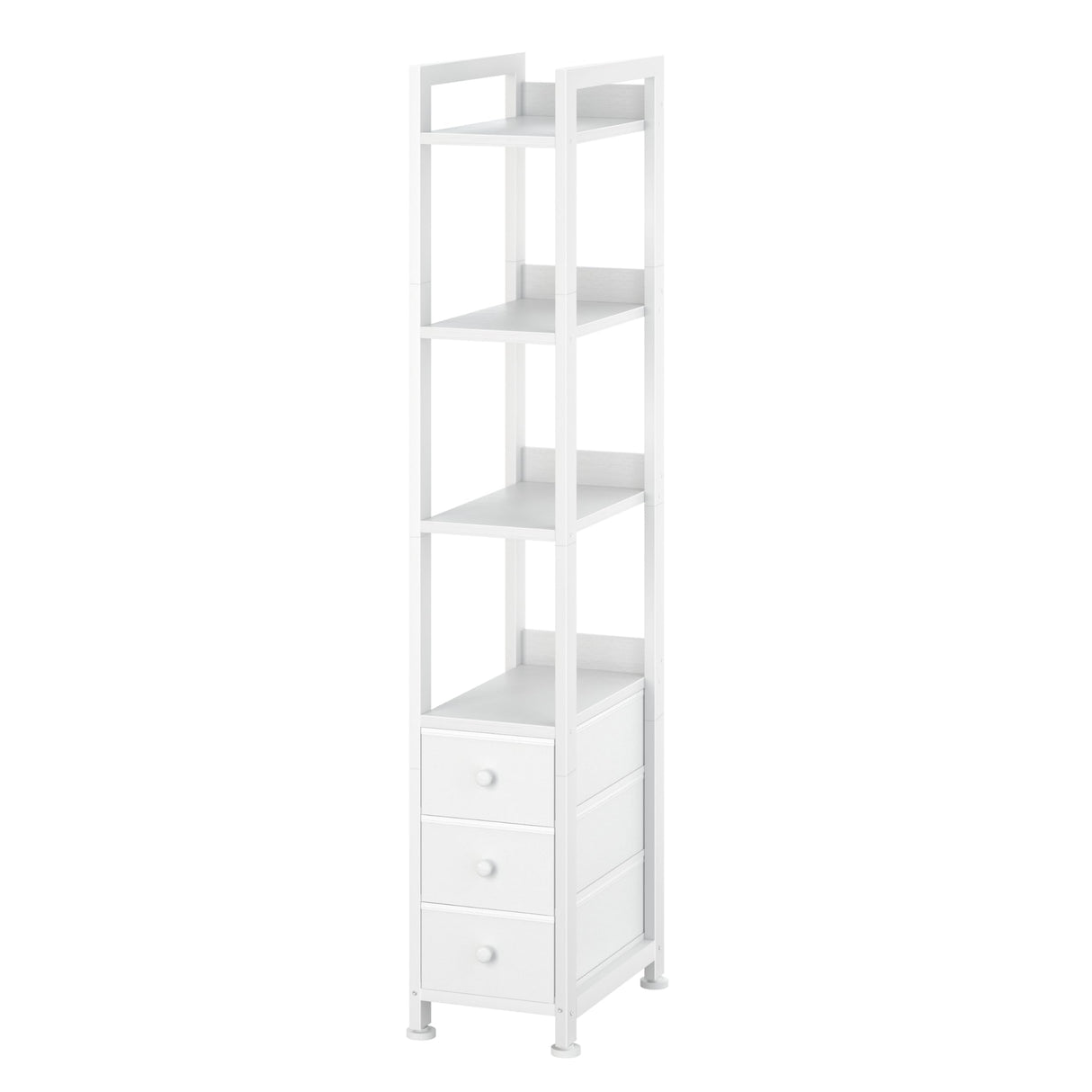 KLUVIS White Narrow Bookshelf with 3 Drawers - 4 Tier Thin Book Shelf for Small Spaces Skinny Shelves Slim Farmhouse Fabric Drawer 60 inch Tall (04W) KLUVIS