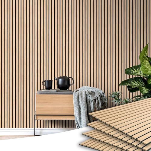 E-HAO 4-Piece Wood Slat Acoustic Panels for Stylish Decor and Noise Reduction, 3D Textured Panel for Ceiling and Wall - White Oak (47.2 L x 23.6 W E-HAO
