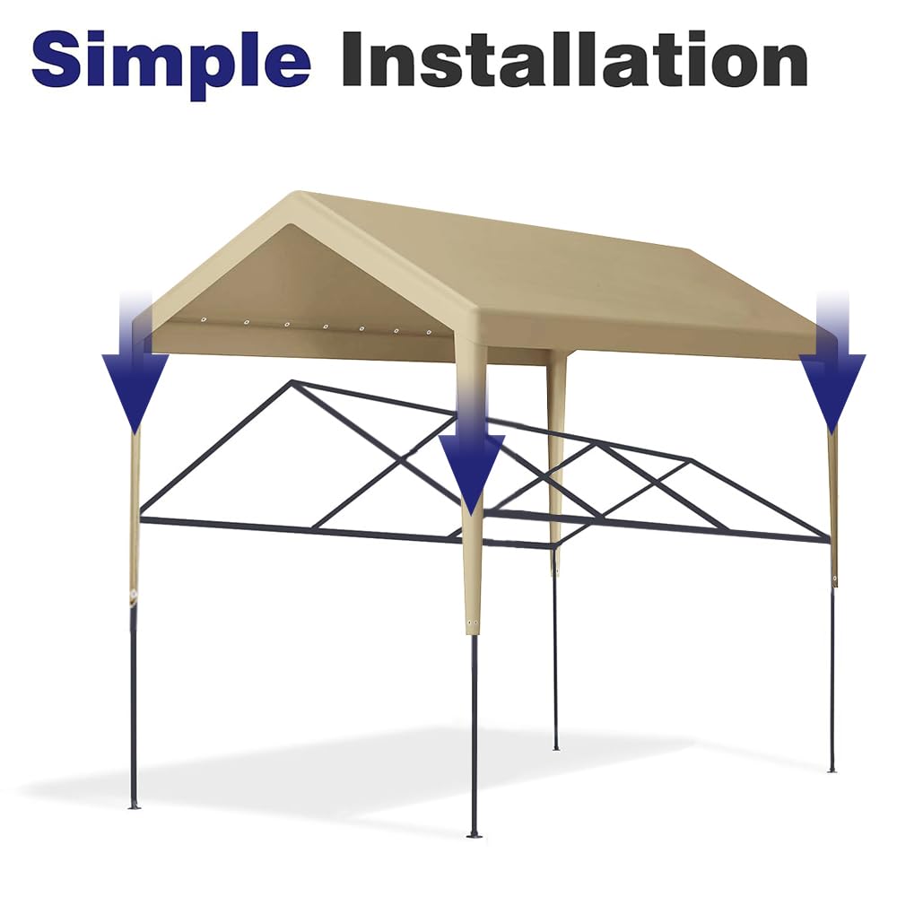 Rutile 10 x 20 FT Carport Replacement Cover, Heavy Duty Car Tarp Canopy Tent Garage Top Shelter Cover with Fabric Leg Pole Skirts and Ball Bungees Beige (Only Top Cover, Frame is not Included) Rutile