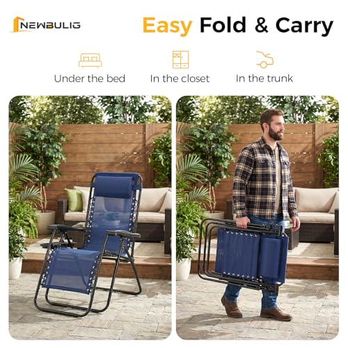 NEWBULIG Zero Gravity Chair Set of 2, Lounge Chair Folding Portable Adjustable Camping Reclining Chairs with Adjustable Pollow, Mesh Back, Cup Holder Trays Lawn Patio Chair for Pool Beach - Blue