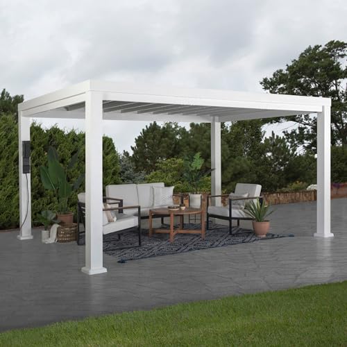 Backyard Discovery 14x10 Windham White Galvanized Steel Pergola w/Sail Shade Soft Canopy, Withstand Winds up to 100 MPH, Rust Resistant, Steel Anchoring Plates, Easy Assembly, USB, Electrical Outlets Backyard Discovery