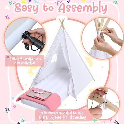 Windyun 4 Pack Kids Teepee Tent for Slumber Party with Mattress and Lights, Sleepover Tents for Girls Boys Indoor Outdoor Cotton Teepee with Airbed Tray Blanket Birthday Party Supplies(White) Windyun
