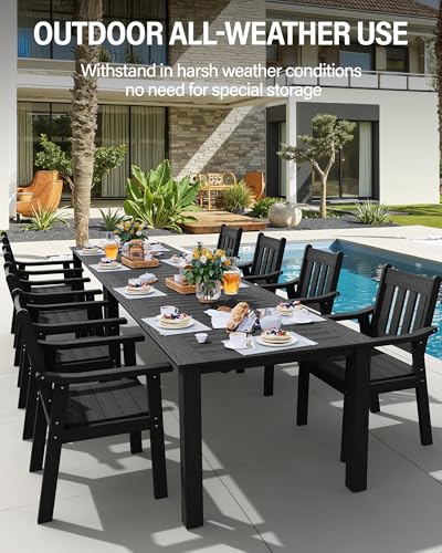 YEFU HIPS Patio Table Set: 10 Piece Outdoor Table and Chairs Dining Furniture Set with Umbrella Hole - Black Modern Plastic Dining Sets 8 Person for Outside Deck with Metal Aluminum Frame YEFU