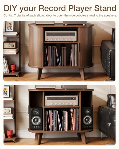 XHSSF Record Player Stand, Midcentury Modern Furniture Turntable Stand with Sliding Doors, Audio-Video Shelving Cabinet, Fluted Media Stand and TV Stand for Living Room, Bedroom (Walnut) (Medium) XHSSF