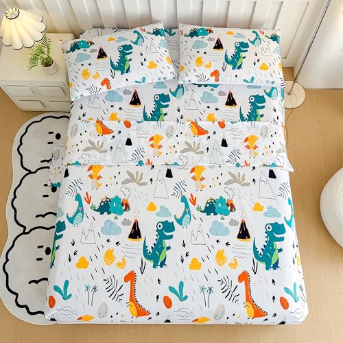 MWMWMW Dinosaur Full Bed Sheets Kids Boys, 4 Pieces Boys Sheets Sets Full, Dinosaur Printed Microfiber Deep Pocket Bed Sheet with 2 Pillowcases MWMWMW