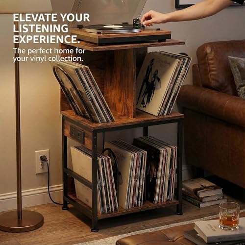 ZEXVIDA Record Player Stand with Vinyl Storage, Large Record Table Holds 180 Albums, Vinyl Record Storage Stand with USB Charger, Multi-Functional Side Table & Shelf for Living Room Bedroom ZEXVIDA