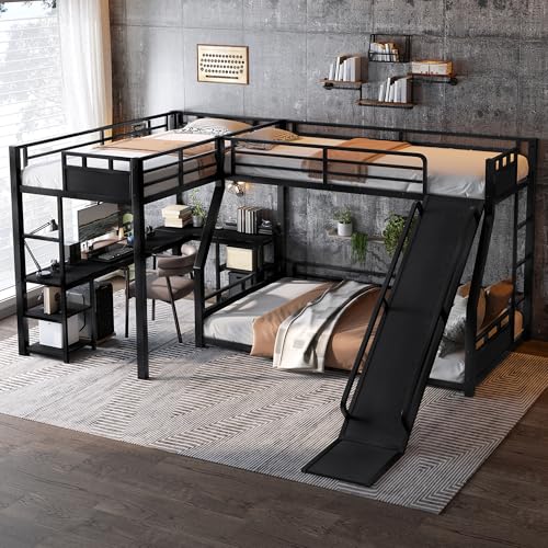 L-Shaped Metal Bunk Bed with Desk,Loft Bed with Storage Shelves,Metal Triple Bunk Bed with Slide, Space-Saving and Quiet Design, Black,(Top Bed: Twin,Bottom Bed: Full) (Twin and Full) Generic