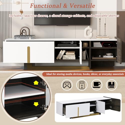 Merax 66.7 inch Modern TV Stand for TVs up to 70 Inches, Light Luxury TV Cabinet with Storage, 1 Drawer 2 Cabinets Television Stands with Metal Legs, Entertainment Center for Living Room, White Merax