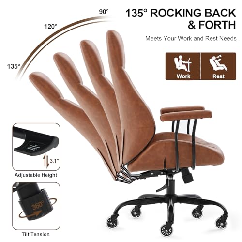 E-Motie Home Office Desk Chair, Ergonomic High Back Leather Computer Chair with Lumbar Support, Adjustable Height & Recline, Swivel Executive Office Chair with Armrests and Rubber Casters, Brown E-Motie