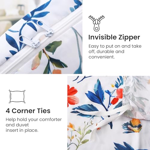 Mooreeke Duvet Cover Full Size, 3 Piece Blue and Red Flower Duvet Cover Set with Zipper Closure, Soft & Breathable Botanical Patterned Microfiber Bedding Set with 4 Corner Ties and 2 Pillow Shams Mooreeke