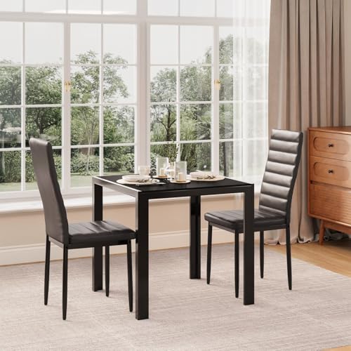 Gizoon 3 Piece Glass Dining Table Set, Kitchen and Chairs for 2, PU Leather Modern Room Sets for Home, Kitchen, Living Room Gizoon