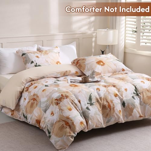 LONAVA Queen Flower 3 Pcs Duvet Cover Set, Breathable Soft Microfiber Biege Lining Comforter Cover with Zipper Closure, and 2 Anti-Pilling, Fade Resistant Pillowcases, Golden Flower LONAVA