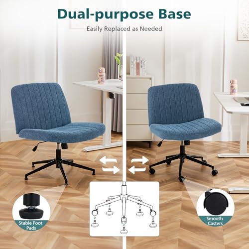 OLIXIS Criss Cross Chair with Wheels Wide Cross Legged Office Desk Vanity Chair Comfy Fabric Armless Adjustable Swivel for Home Computer Task Blue OLIXIS