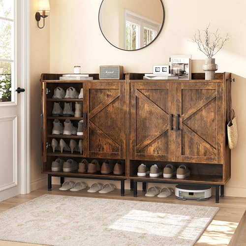 Yaheetech Shoe Storage Cabinet with Doors, Farmhouse Shoe Cabinet with 2 Adjustable Shelves and 4 Side Hooks, Wooden Shoe Rack Organizer Cabinet for Entryway, Foyer, Hallway, Rustic Brown Yaheetech