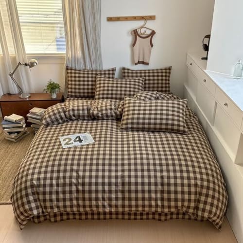 PinkMemory Brown Gingham Duvet Cover Set Queen 100% Washed Cotton Beige Plaid Checkered Duvet Cover Full 3pcs Modern Coffee Grid Gingham Bedding Set with Zipper Closure Ultra Soft Breathable PinkMemory