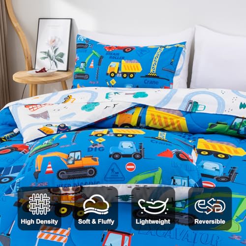 Holawakaka Trucks Excavator Cars Boy Bedding Comforter Set with Sheets, Twin Size Cartoon Construction Car Tractors Print Kids Bed in A Bag 5-Piece, Boys Reversible Dorm Bed Sets (Blue Twin) Holawakaka