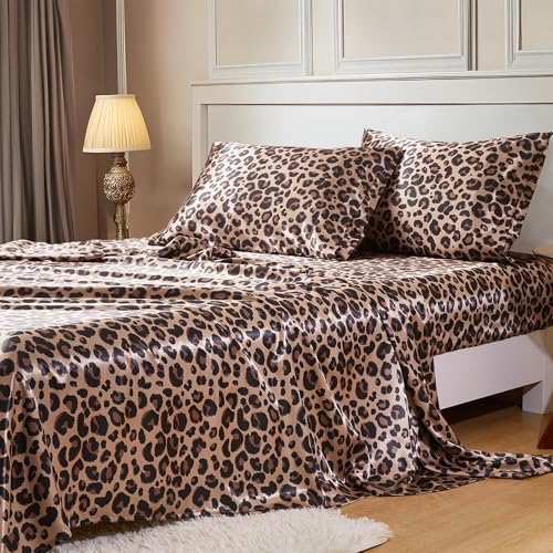 MR&HM Satin Bed Sheets with Elastic Corner Straps, Queen Size Sheets Set, 4 Pcs Silky Bedding Set with 15 Inches Deep Pocket for Mattress (Queen, Brown Leopard) MR&HM