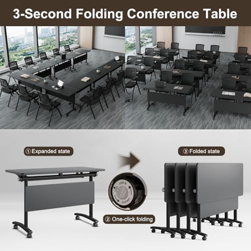 Folding Conference Table On Wheels, 10 Pack Modular Modern Conference Room Table 8-16 People Rolling Meeting Table for School Office (4, Black, 47.2" D X 23.6" W X 29.5" H) robwibw