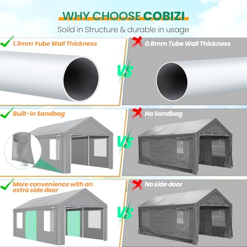 COBIZI Carport Canopy 12x20 Heavy Duty Portable Garage with Removable Sidewalls & Doors, Car Port Canopy Tent with Built-in Sandbags & All-Season Tarp for Car Boat Truck, Gray COBIZI