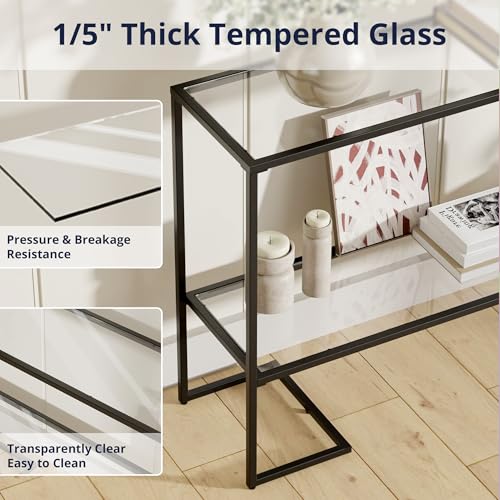 Cozy Castle 52" Entryway Table, 2-Tier Narrow Console Table, Tempered Glass Sofa Table with Metal Frame, Entry Table with Shelves, Console Tables for Entryway, Hallway, Foyer, Living Room, Black Cozy Castle