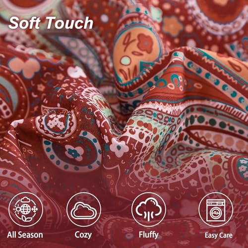 DJY Red Paisley Comforter Set Queen Size, 7 Piece Bed in a Bag Boho Paisley Pattern Comforter Set, Soft Lightweight Microfiber Reversible Bedding Set for All Season (90''x90'') DJY
