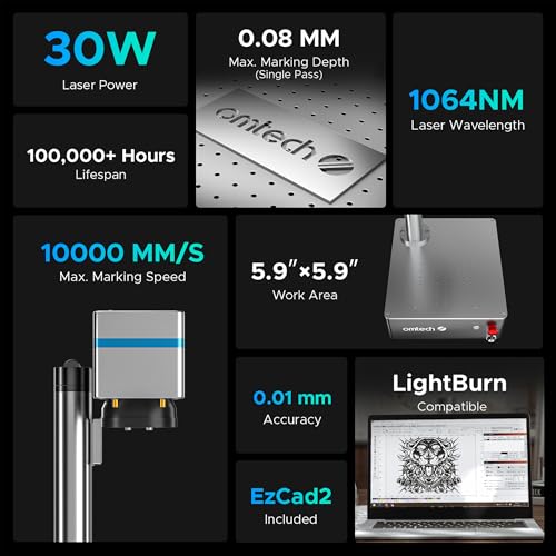 OMTech 30W Fiber Laser Marking Machine with Rotary Aix ±0.01mm Precision | 5.9"x5.9" Area | LightBurn Compatible | Dual Red Dot Locator | 100,000+ Hours Lifespan | for Metal, Aluminum, Steel, Jewelry OMTech