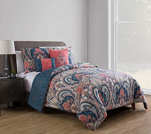 VCNY Home - King Comforter Set, 5-Piece Reversible Bedding with Matching Shams & Pillows, Paisley Room Decor (Casa Re'al Coral, King) VCNY Home