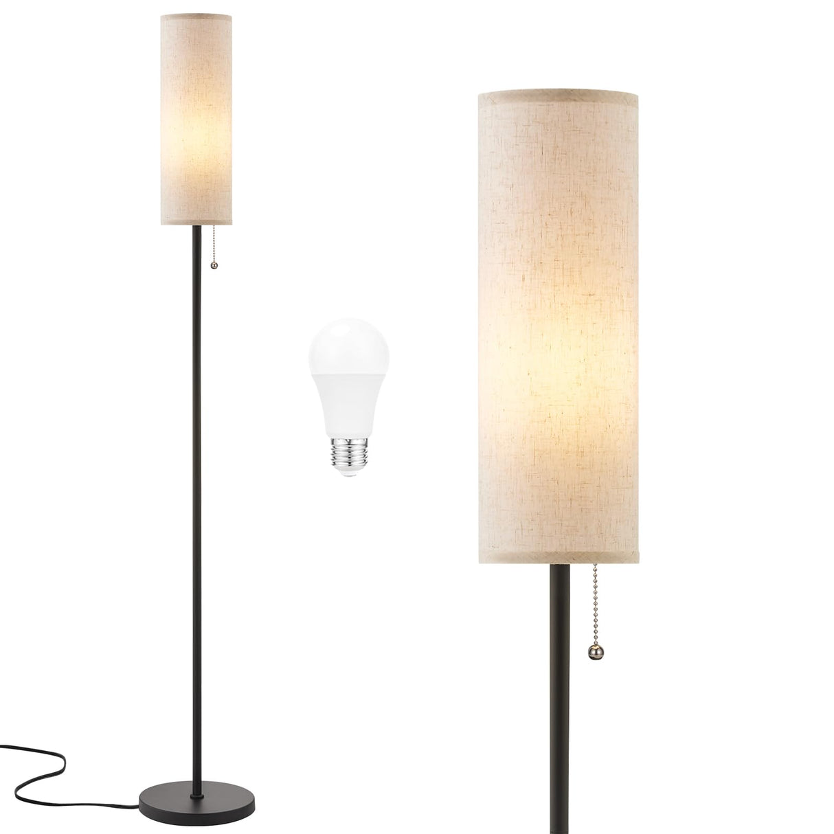 Ambimall 64'' Floor Lamp for Living Room with Bulb - Tall Lamps with Beige Lampshade & Pull Chain Switch, Pole Lamps for Bedrooms Tall, Minimalist Floor Lamp Ambimall