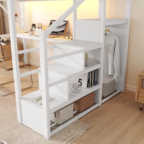 KEIKI Queen Size Metal Loft Bed Frame with Desk, Staircase, Built-in Storage Shelves and Wardrobe, Modern Loft Bed with Solid Slat, Guardrail, No Box Spring Required, Easy Assembly, for Bedroom, White KEIKI