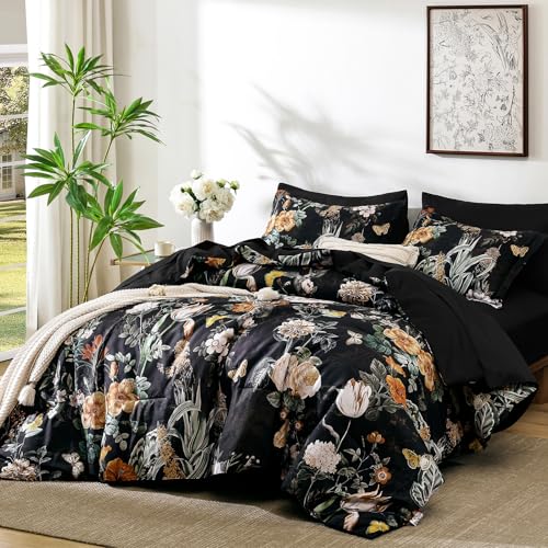 WONGS BEDDING Black Comforter Set Queen, 7 Pieces Bed in a Bag Botanical Floral Comforter Bedding Set, Soft Microfiber Comforter with Flat Sheet, Fitted Sheet, Pillow Shams, Pillowcases WONGS BEDDING