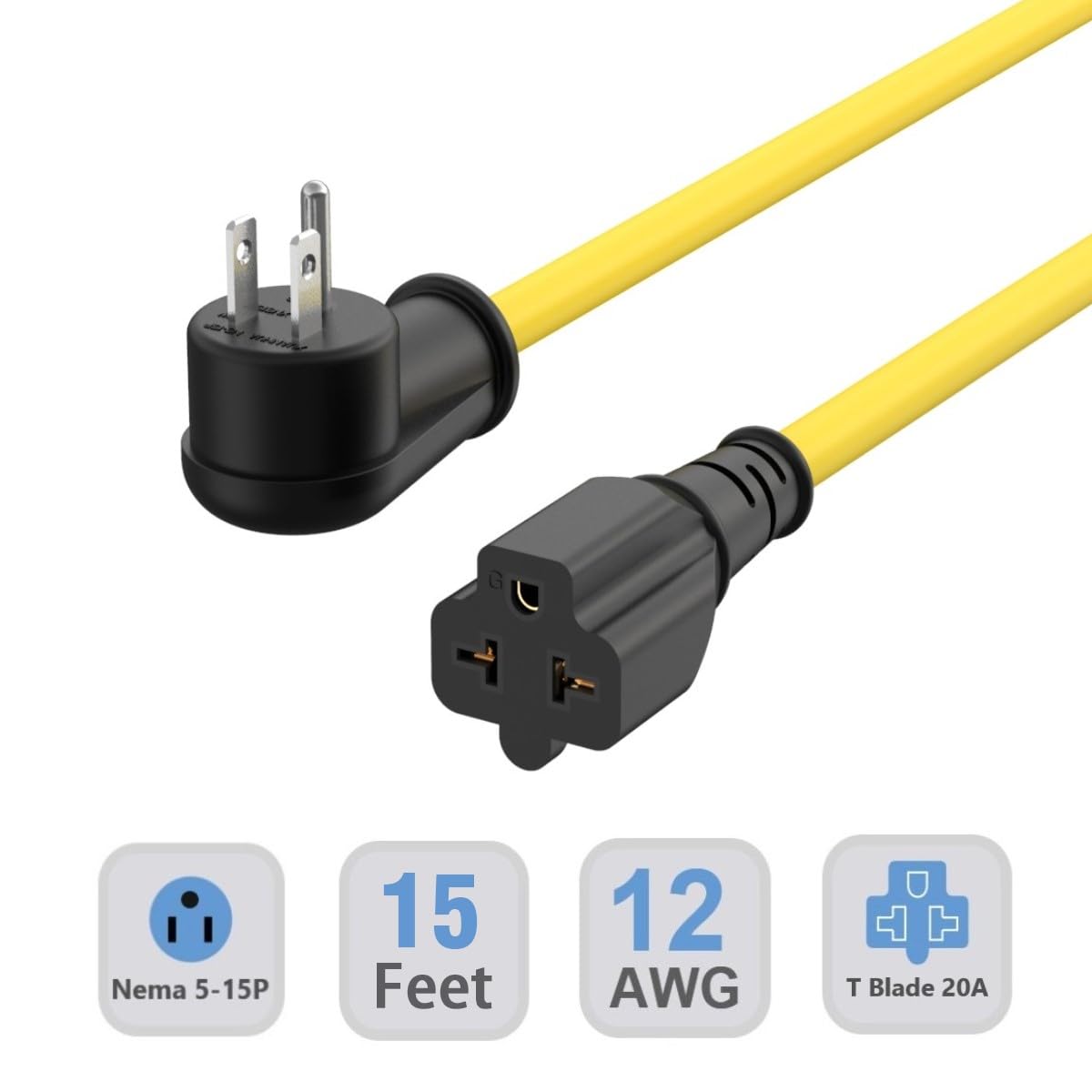 15-Ft 12AWG 90-Degree 15Amp to 20Amp Extension-Cable,Right-Angle 15 Amp Household Plug to 20-Amp Extension Cord,Nema 5-15P to 5-20R,5-15P to 6-15R/20R,15A 125V to 20A Angled AC Power Extension-Cord ADCAUDX