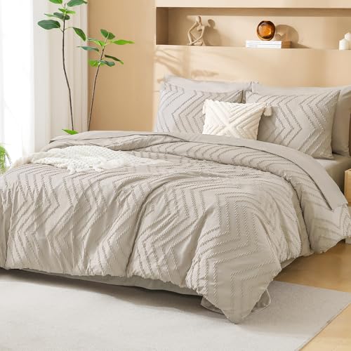 Litanika King Size Comforter Set with Sheets Beige - 7 Pieces Bed in a Bag King Chevron Tufted Boho Luxury Bedding Sets with Comforter, Sheets, Pillowcases & Shams Litanika