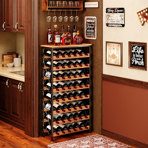 48 Bottles Floor Wine Rack with Wood Top, Freestanding Wine Bottle Organizer Shelf, Wobble-Free 8 Tier Wine Display Storage Stand for Kitchen Pantry, 25.2''L x 10.7''W x 47.2''H Sonyabecca