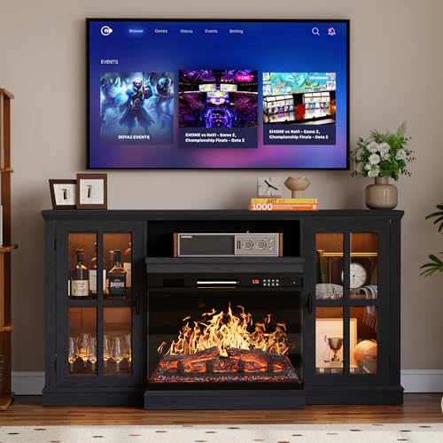 YESHOMY Glass Fireplace TV Stand for Televisions up to 65", Media Entertainment Center Console Table with Led Lights, Black YESHOMY