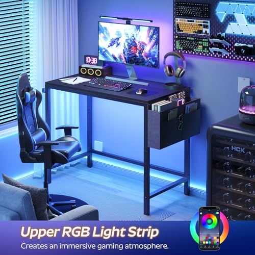 YATINEY Computer Desk with LED Lights, Gaming Desk with Storage Bag and Breathable Mesh Desktop, Home Office Desk with Headphone Hook, for Home Office, Gaming Room, Black and Gray DN07DBB YATINEY