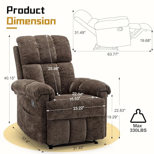 Korser Recliner Chair, Living Room Recliner Chairs for Adults, Small Recliners for Small Spaces, Upholstered Manual Recliner with Side Pockets, Modern Nursery Chair for Living Room, Chenille, Brown