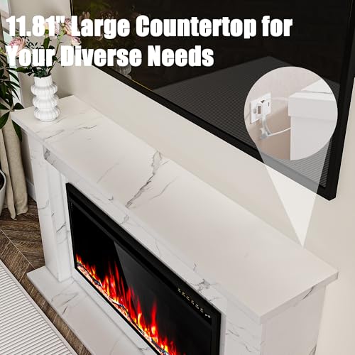 60 Inch Electric Fireplace with Mantel, Replaceable 42”Fireplace Insert Heater, 3D Realistic Log and Flame Effect, Timer, White Marble Finish for Living Room Bedroom Eshoma