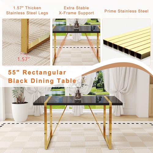 Black Dining Table Set for 4, 55" Black Glossy Top with Gold Metal Legs, Modern Dining Table Set for 4 & Velvet Tufted Chair with Nailhead Trim, Luxry Kitchen Table Set Ideal for Dining Room,APT Iopirbu