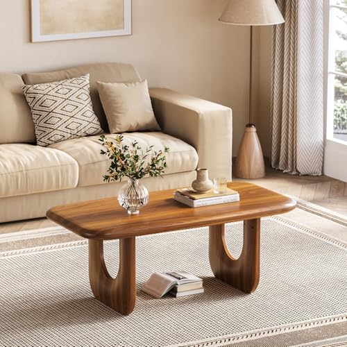LITTLE TREE Farmhouse Coffee Table, 47 Inches Wooden Rectangular Center Tables with Rounded Corners, Modern Coffee Tables Low Cocktail Tea Furniture for Living Room (Rustic Brown) LITTLE TREE