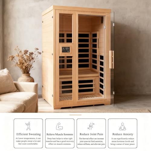 Homsido 2-Person Low EMF Far Infrared Sauna for Home,Canadian Hemlock Wood with Far Infrared Heat Therapy,Bluetooth Speakers,Chromotherapy Lights,1850W Heater,Tempered Glass Door&LCD Control Panel Homsido