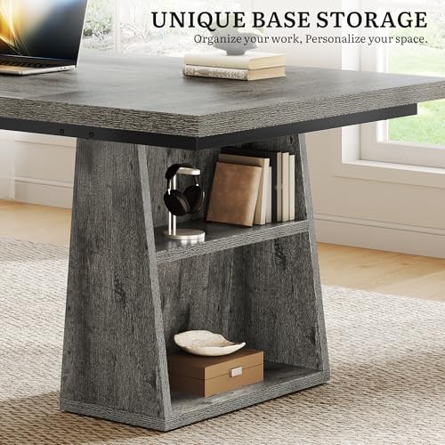 YITAHOME 63" Executive Desk, Large Office Desk Computer Desk with Double Pedestal and Storage Shelves, Wood Simple Workstations Writing Table Conference Table Business Furniture for Home Office, Grey YITAHOME