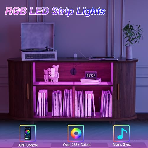 KSOBEBVT Record Player Stand with Vinyl Storage, Modern Media Cabinet with Charging Station & LED Lights, Sliding Door Turntable Stand, Audio-Visual Shelving Unit for Living Room KSOBEBVT