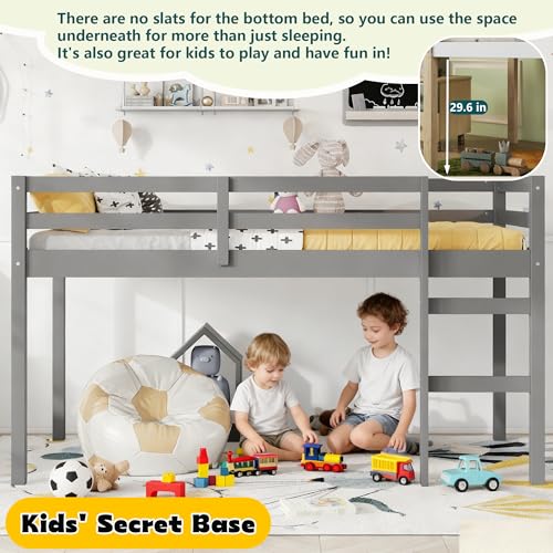 Mirightone Low Loft Bed Twin Size, Wood Junior Loft Bed Frame with Ladder for Kids Girls Boys Teens, Solid Rubberwood, Gray Mirightone
