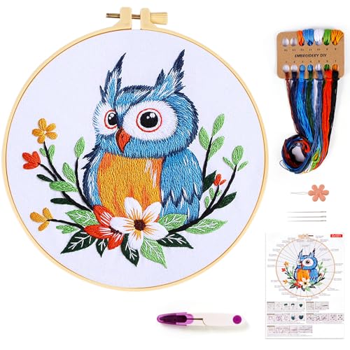 KESTAR Embroidery Starter Kit, Owl Flower Embroidery Kit for Adults Beginners, Cross Stitch Kits with Embroidery Cloth Hoops Needles Instruction and Threader