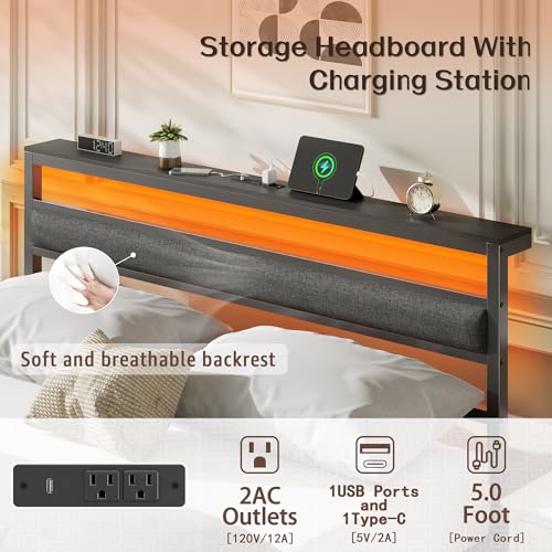 Ourpic Queen Bed Frame with Led Lights and Charging Station, Bed Queen Size Frame with Headboard and Under Bed Storage, Black Metal Platform Bedframe and Storage Shelf, Easy Install OURPIC
