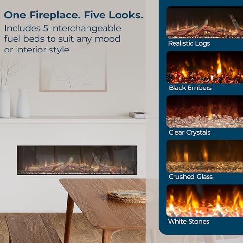 Ambe Linear 50" Electric Fireplace | Hidden Vent Design | Large & Deep Log Display | Recessed or Built-in | 5 Customizable Fuel Beds | Fireplace Insert 750W/1500W Heater | Trim or Frameless Ambe